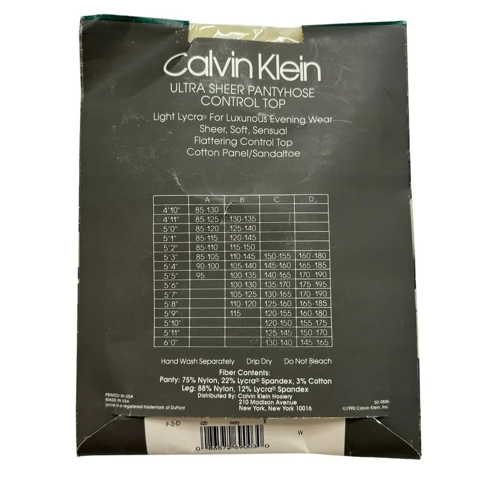 CALVIN KLEIN *NEW* Vintage 1990 Ultra Sheer Light Lycra Pantyhose Ivory Size B